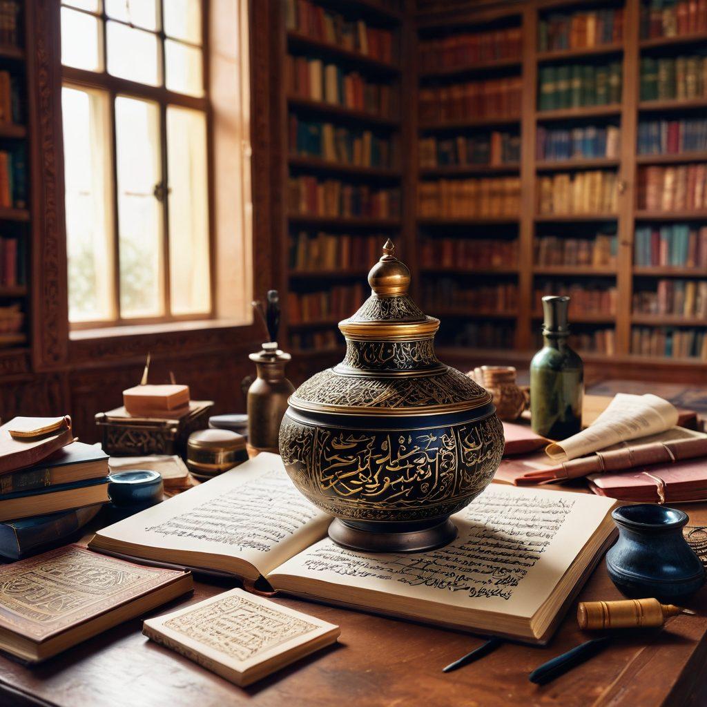 An intricate landscape depicting a traditional Arabic calligraphy workshop, featuring an ornate ink pot and quill, surrounded by scrolls of grammar rules and colorful composition notes. In the background, an ancient library filled with text-rich books symbolizes depth in linguistics. The scene is bathed in warm, inviting colors that evoke the richness of Arabic culture. super-realistic. vibrant colors. soft focus.