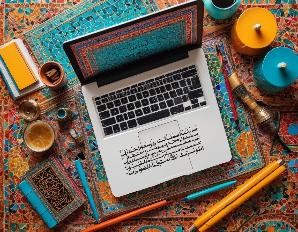 A beautifully arranged Arabic calligraphy showcasing essential grammar symbols and rules, with an open laptop displaying a blogging interface, surrounded by colorful notebooks and pens, symbolizing effective communication. The background features an intricate mosaic pattern reflecting Arabic culture. vibrant colors. super-realistic.