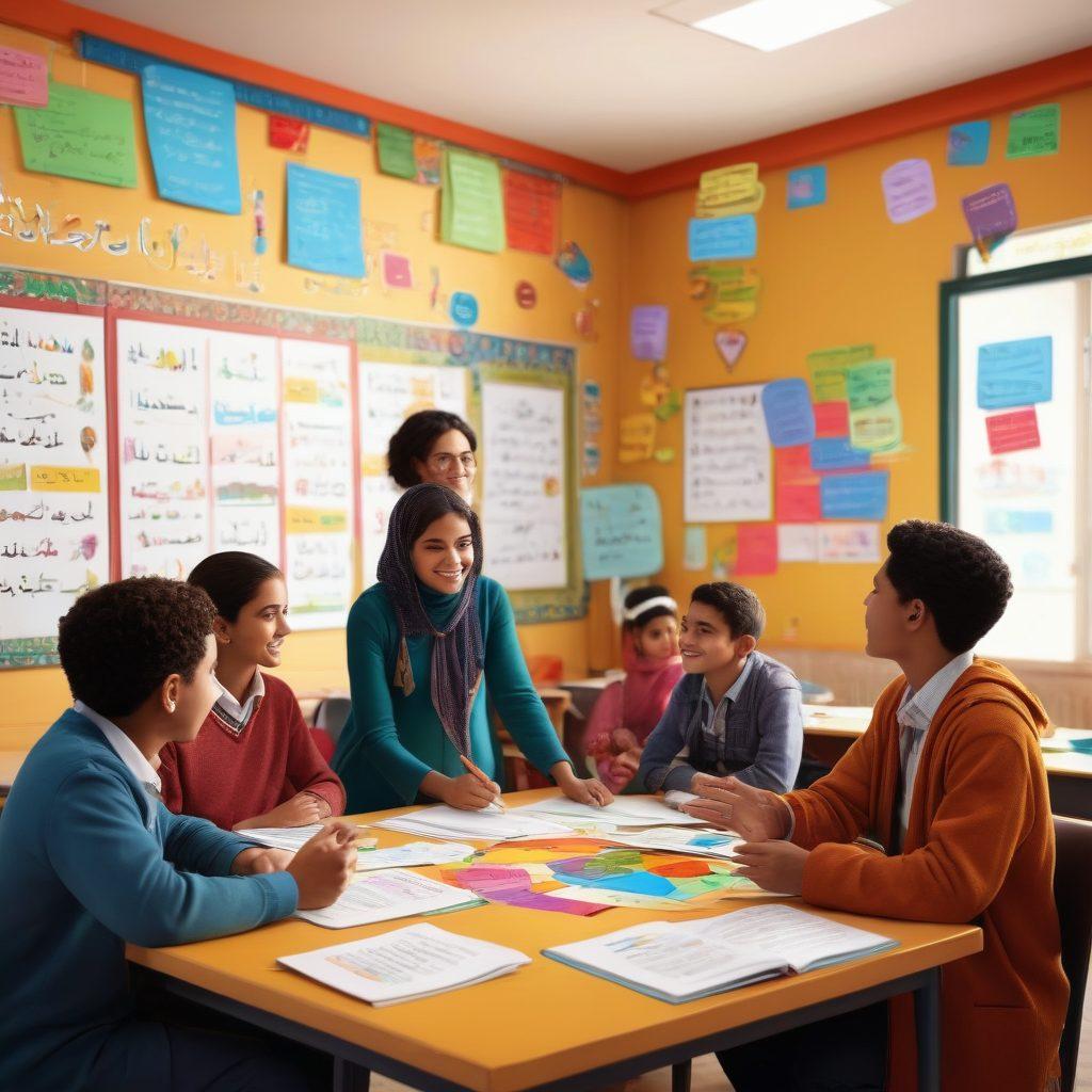 A vibrant classroom setting featuring diverse students engaged in a lively discussion, with Arabic grammar books and colorful charts on the walls. Include a teacher gesturing animatedly, symbols of effective communication like speech bubbles floating above students, and culturally relevant artifacts in the background. super-realistic. vibrant colors. 3D.